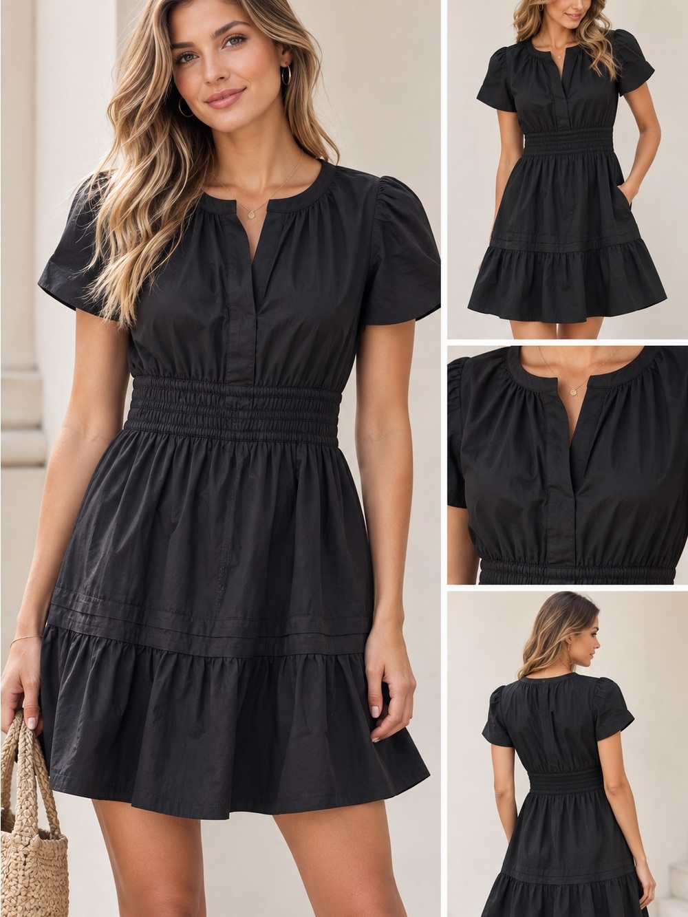Quince Black 100% Organic Cotton Poplin Tiered Mini Dress NWT M
